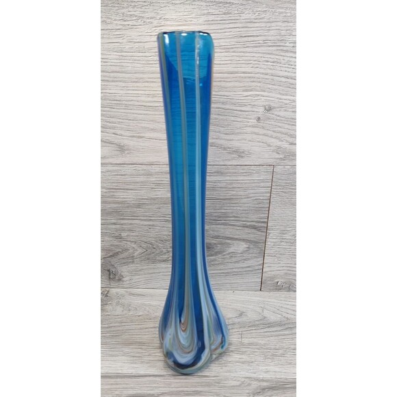 Vintage 10.5” Hand Made & Blown Blue Swirl Swung Stretch Glass Bud Vase Japan - Picture 3 of 10